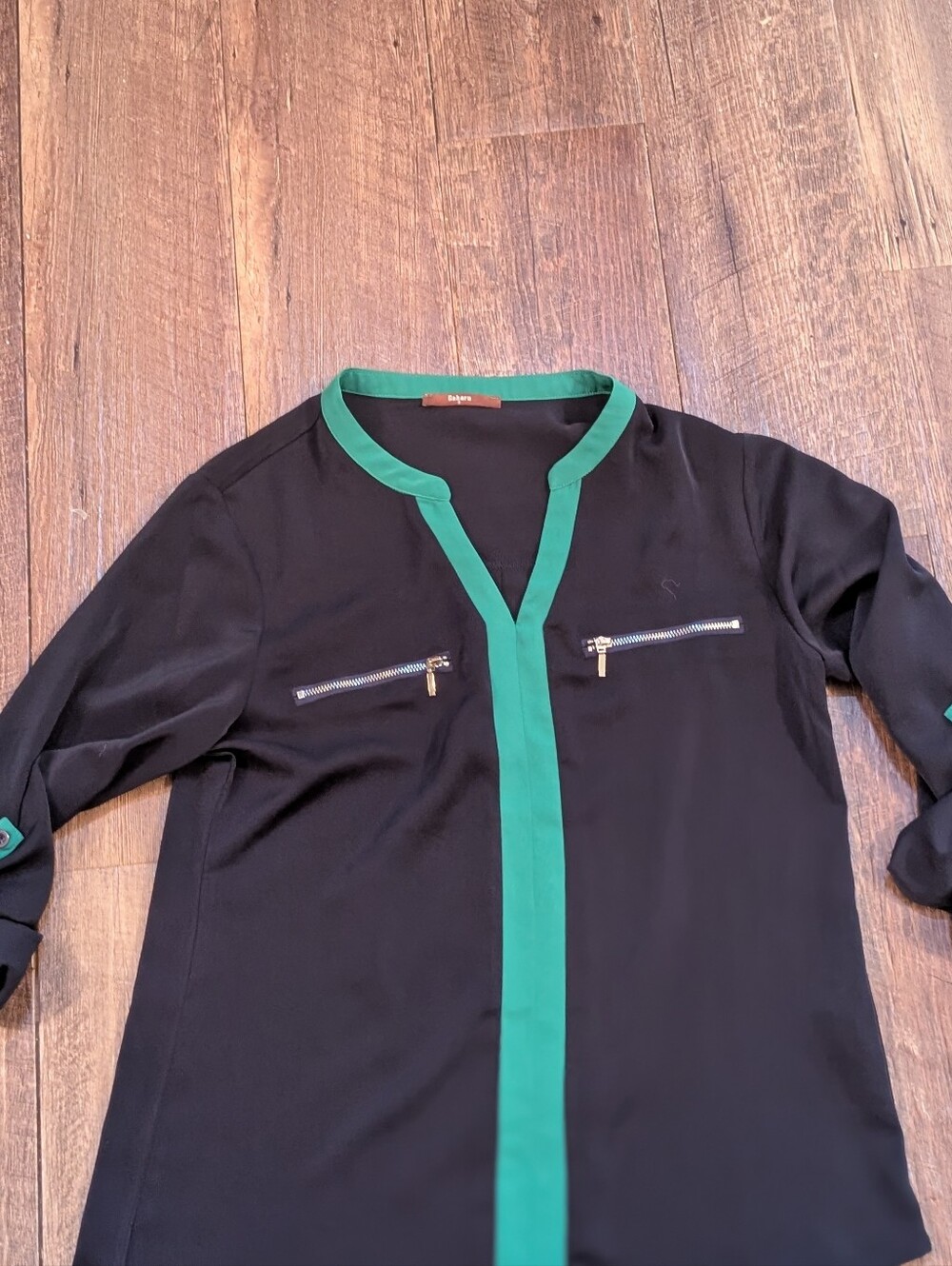 Women's Sophisticated Navy Blouse w Green Trim  Zip-Pocket Top Small